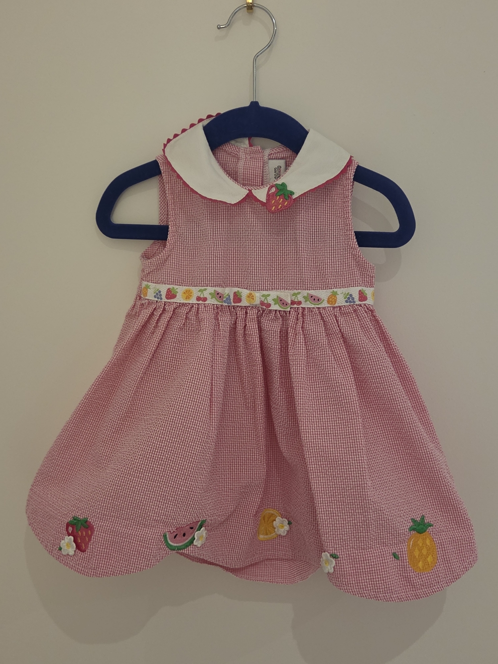 Youngland Pink Gingham Dress with Fruit Appliqués and White Peter Pan Collar